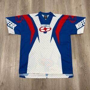 Vintage 90s No Fear Motocross Jersey Short Sleeve Men's Size XXL 2XL Blue White
